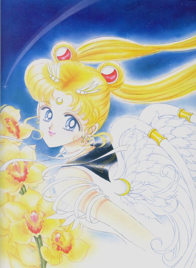 eternal sailormoon with real wings fly towards flowers looking over shoulder at you (112750 bytes)