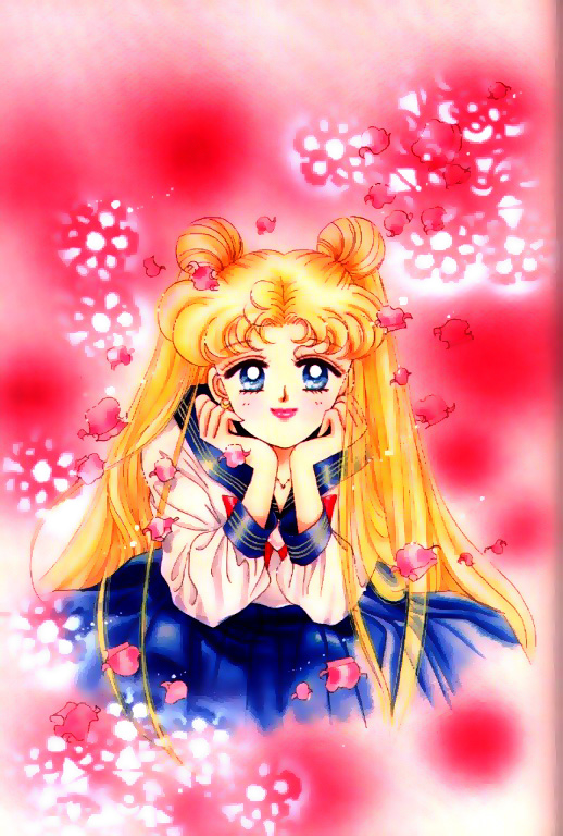 Usagi on a redish background with rose petals floating down around her (200661 bytes)